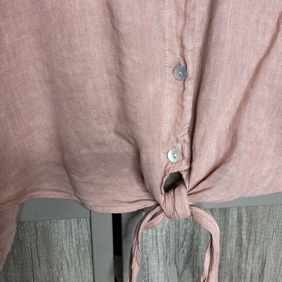 Meo Meli Linen Top Large Button Down Long Sleeves Front Tie Boho Lagenlook - Picture 3 of 6